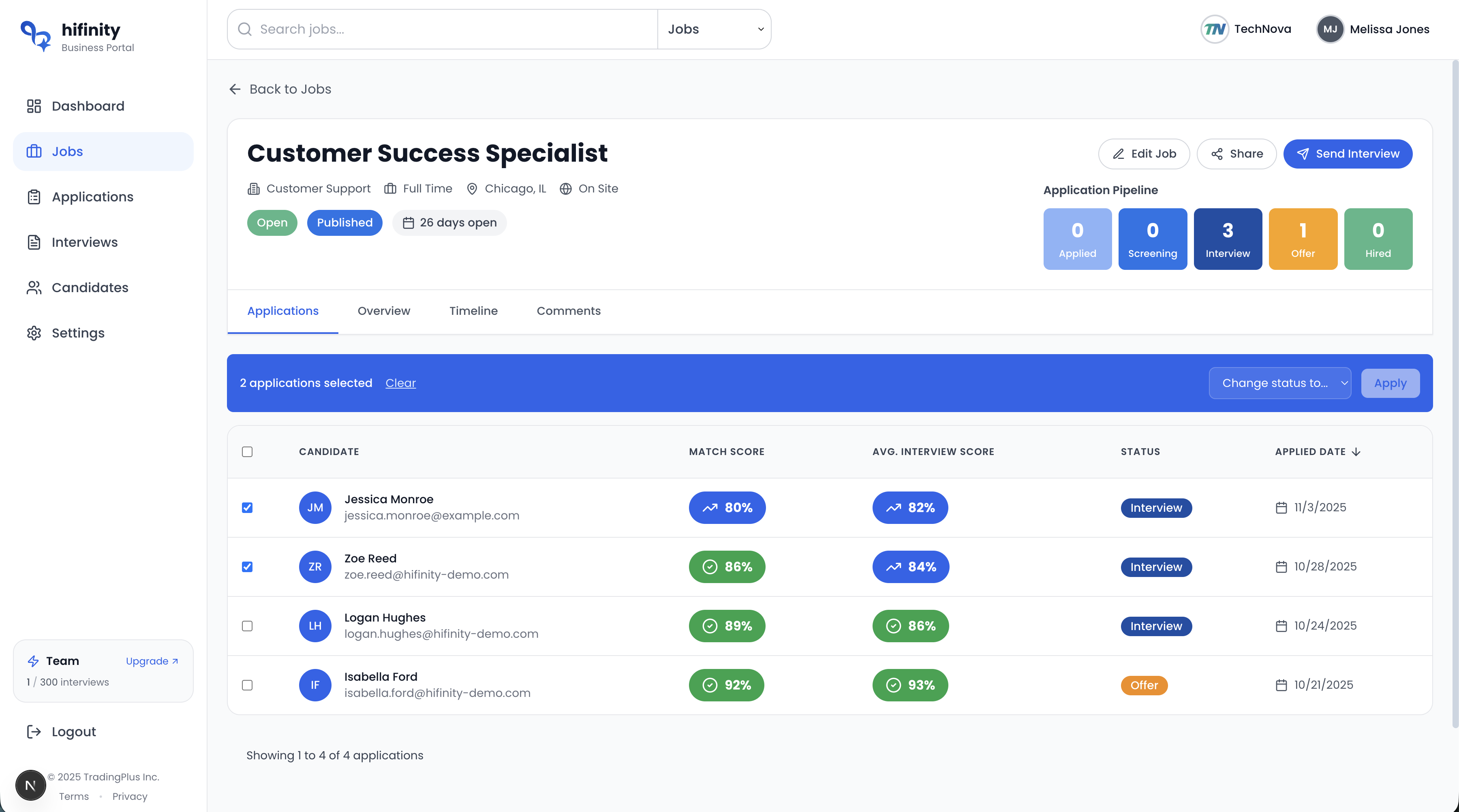 Bulk actions for managing applications
