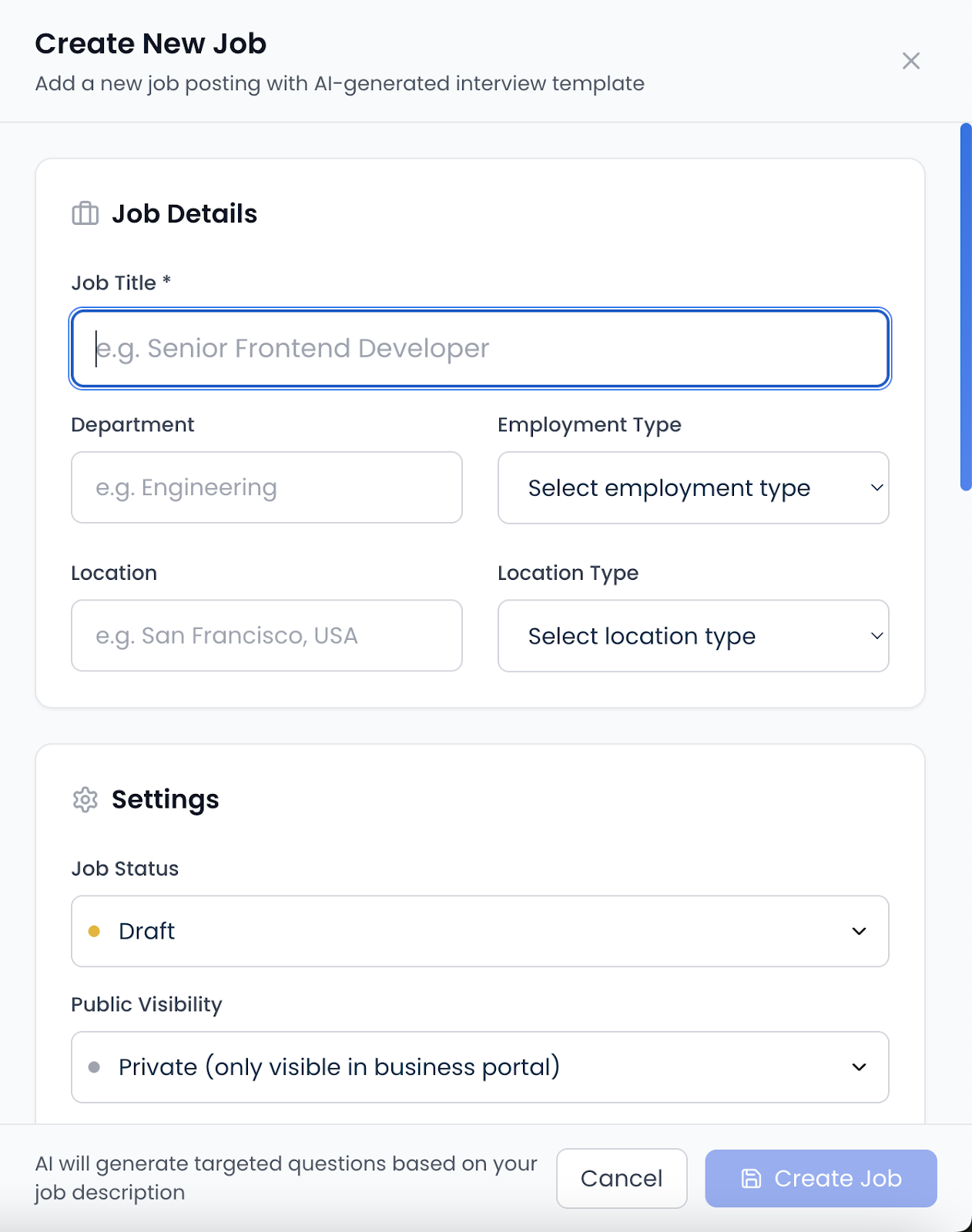 Job creation form showing job title, department, location, and employment type fields