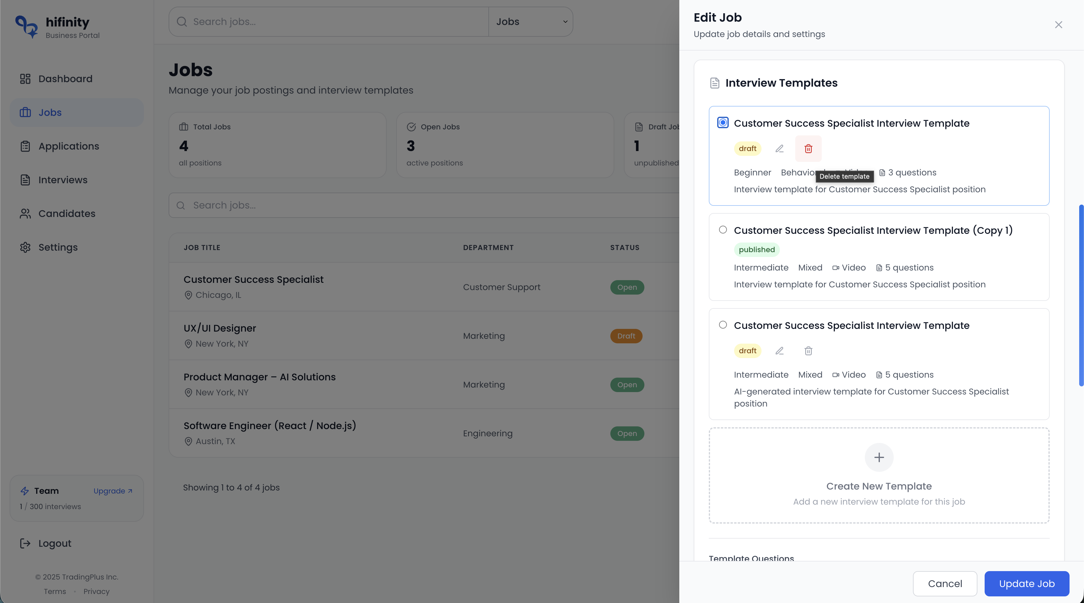 Template status and delete options