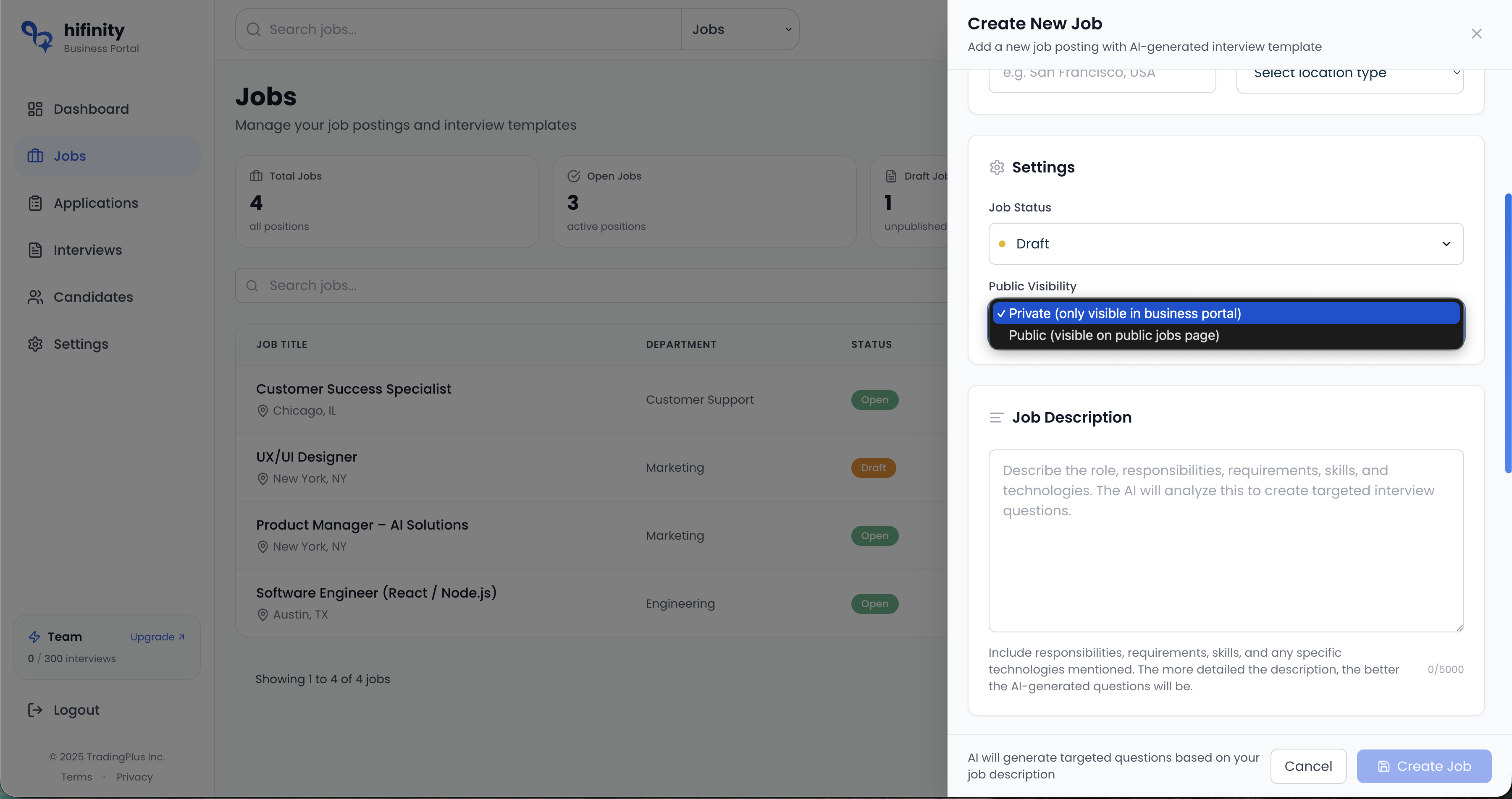 Job visibility toggle showing public and private options